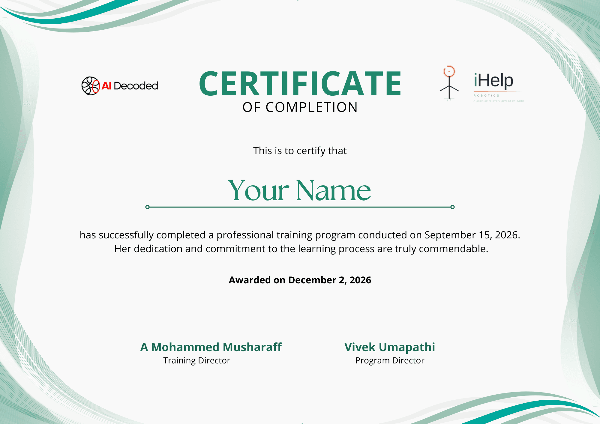 Specimen of the course completion certificate, watermarked and partially cropped