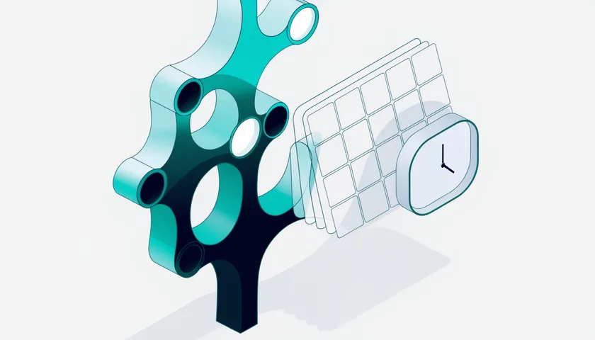 Diagram: a branching structure beside a stack of calendar pages and a clock