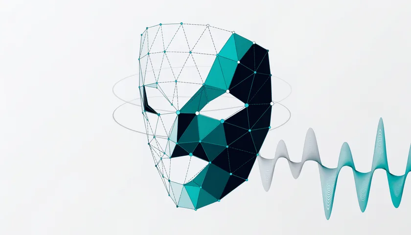 Diagram: a face mesh with analysis rings and a waveform radiating outward
