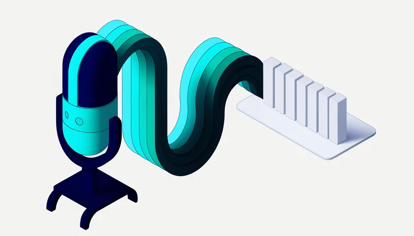 Diagram: a microphone waveform resolving into structured lines on a document card